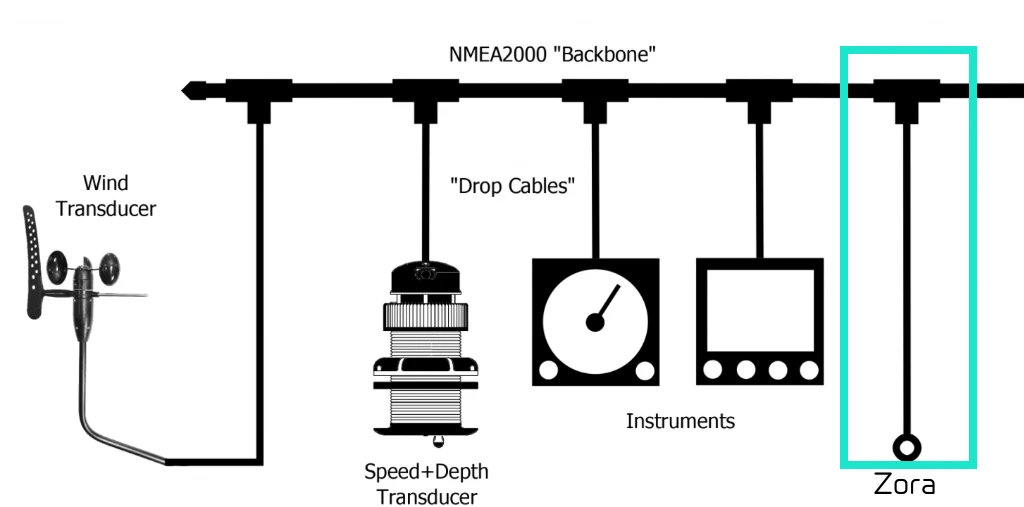 A backbone with drop cables to a wind transducer, a speed and depth transducer, two instruments and Zora