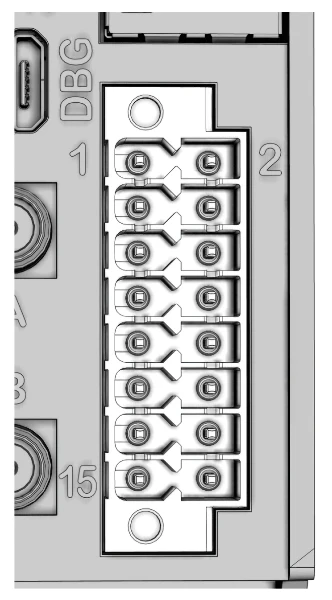 Industrial I/O terminal block, pins 1 and 2 at the top, 15 and 16 at the bottom