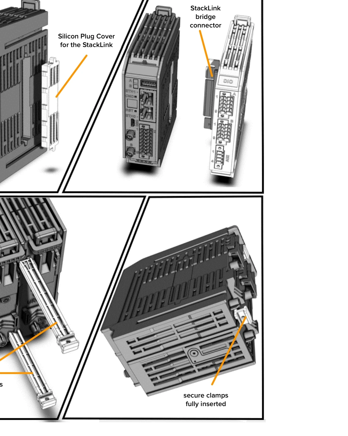 The StackLink plug, the bridge connector and the secure clamps